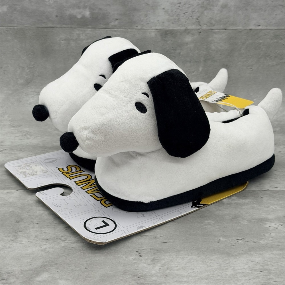 Peanuts Snoopy Plush Slippers White Black Animation Character Men's Size L 9/10